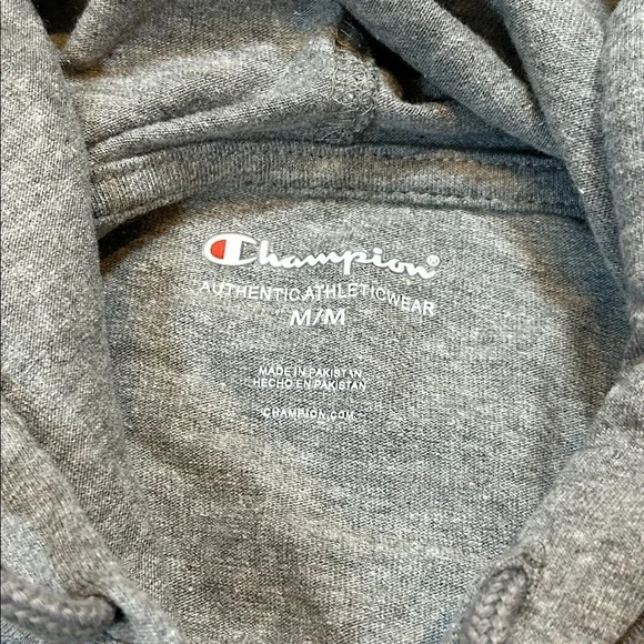 Champion Unisex Long Sleeve Hoodie Tee | Oxford Heather Gray Blue Logo T-Shirt M - Picture 3 of 6